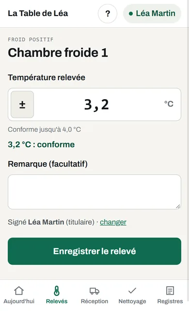 Application Relevés HACCP : relevé de la chambre froide, 3,2 °C, conforme