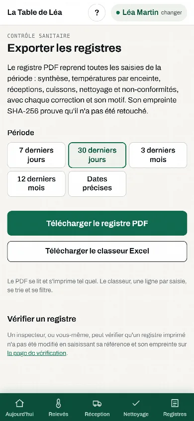 Application HACCP : export du registre pour le contrôle sanitaire, PDF ou Excel