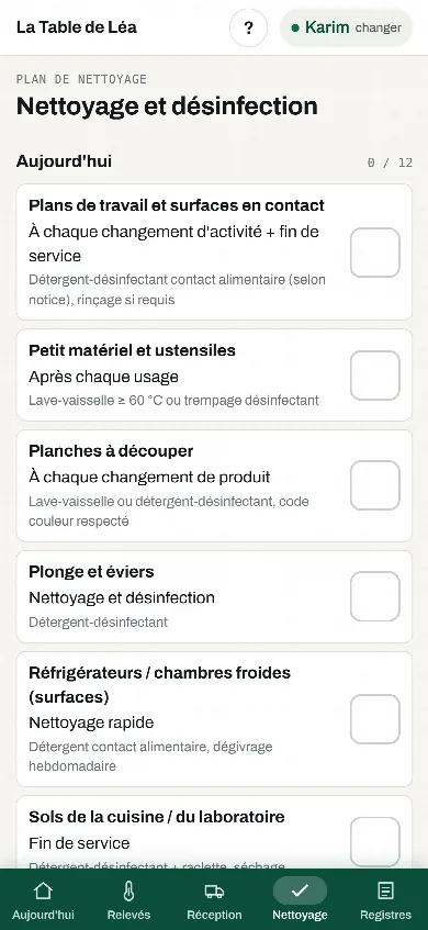 Application HACCP : plan de nettoyage du jour avec les tâches à cocher